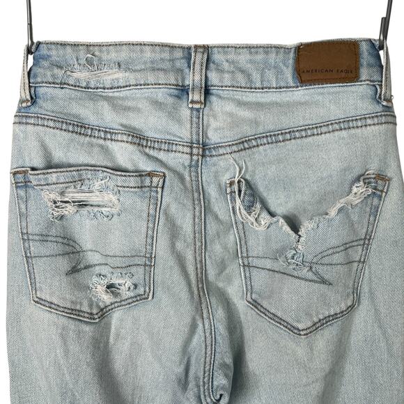 American Eagle AE Mom Jean Destroyed Ripped Denim Tapered Mid Rise Light Wash 00 - Picture 6 of 9